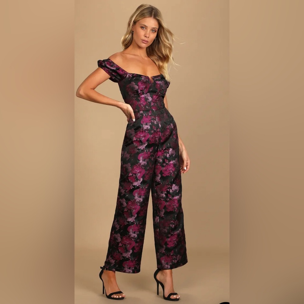 Lulus New Glam Black Floral Jacquard Bustier Off-the-Shoulder Jumpsuit Sz Large